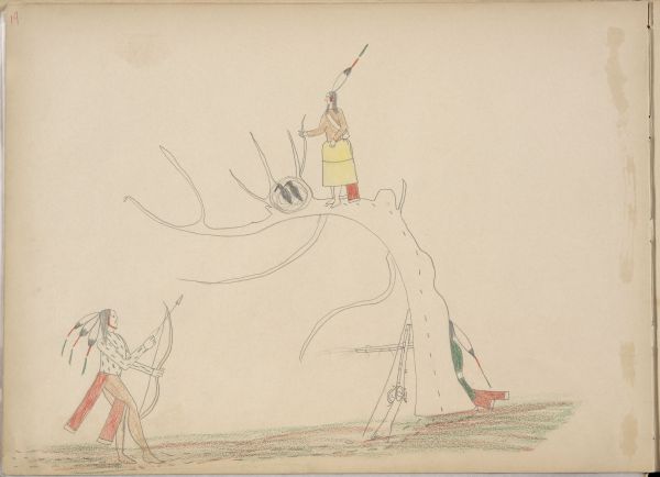 Haun-geah-ah Ka (Kiowa) is Surprised by Navajo while Upia Tru (sic?) Trying to Rob a Buzzard’s Nest. Navajo upon Seeing Haun-geah-ah Ka Attempts to Kill him but is Killed Himself by Huan-geah-ah Ka’s Friend Dane-Cah (Kiowa) who upon seeing the Navajo