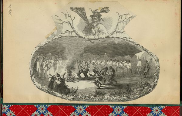 Tipped in print of Indians dancing around fire from Harpers Weekly