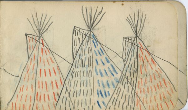 CAMP SCENE: Six Tipis Decorated with Red, Blue, and Black Vertical Dashes