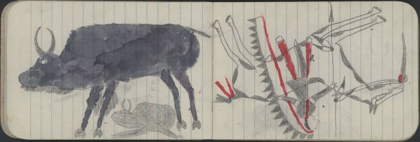 ANIMALS, BUFFALO: Female Buffalo and Calf; WAR, WARRIOR: Man on White-and-gray Pinto Carries a Lance