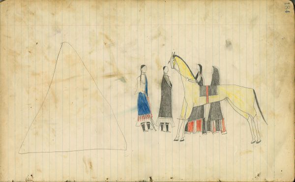 Tipi outline, 2 women meet 2 men, horse