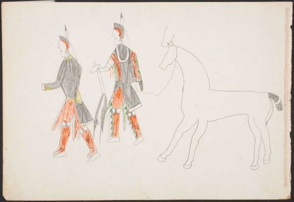 Two Osage leading horse