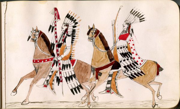 On horseback with all finery: shield, mountain lion quiver with drops, banner lance, Saltillo serape