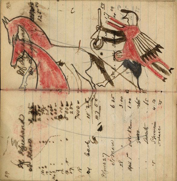 Writing - M Marehand; Warrior wearing animal skin holding gun and rope on foot stealing 2 red horses