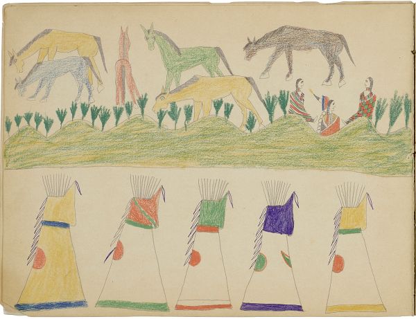 Tipis, horses, figures | Two warriors on horseback.