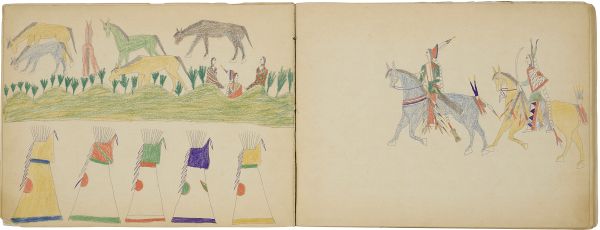 Tipis, horses, figures | Two warriors on horseback.