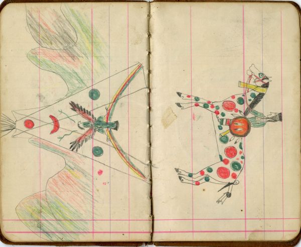 Tipi decorated with rainbow, eagle with wings spread and lightning from head, in dramatic, colored landscape, flanked by green circles, moon and sun above  | Crow man with red shield on painted/appaloosa horse