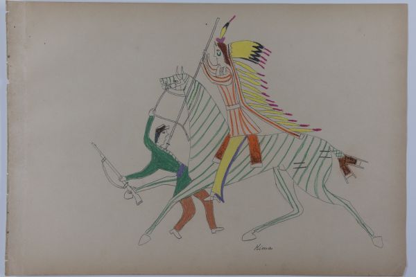 Mounted Kiowa warrior attacks soldier on foot