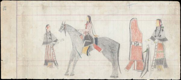 2 well-dressed couples: on the left a woman facing a man on horseback; on the right a man in a red capote facing a woman, a saber with skin drops between them