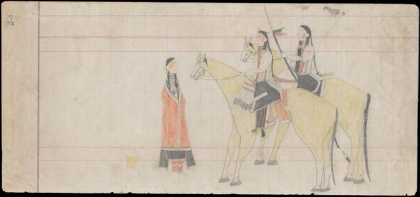 Woman in red robe and a bucket facing two men on horses, one carrying a lance