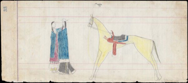 Couple wrapped in a blue blanket with a yellow horse on the right side