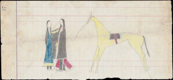 Couple wrapped in a black blanket with a yellow horse at their side