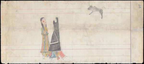 Couple: women in sarape; man in red capote.  Buffalo glyph above a faint sketch