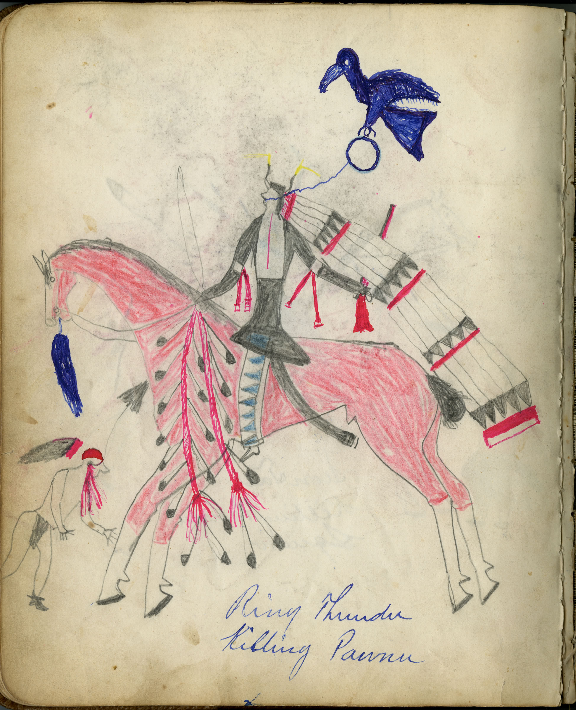 Fales-Freeman Brulé Ledger: Plate 16 Ring Thunder Killing Pawnee / Chasing Hawk Killing Ponca Indian