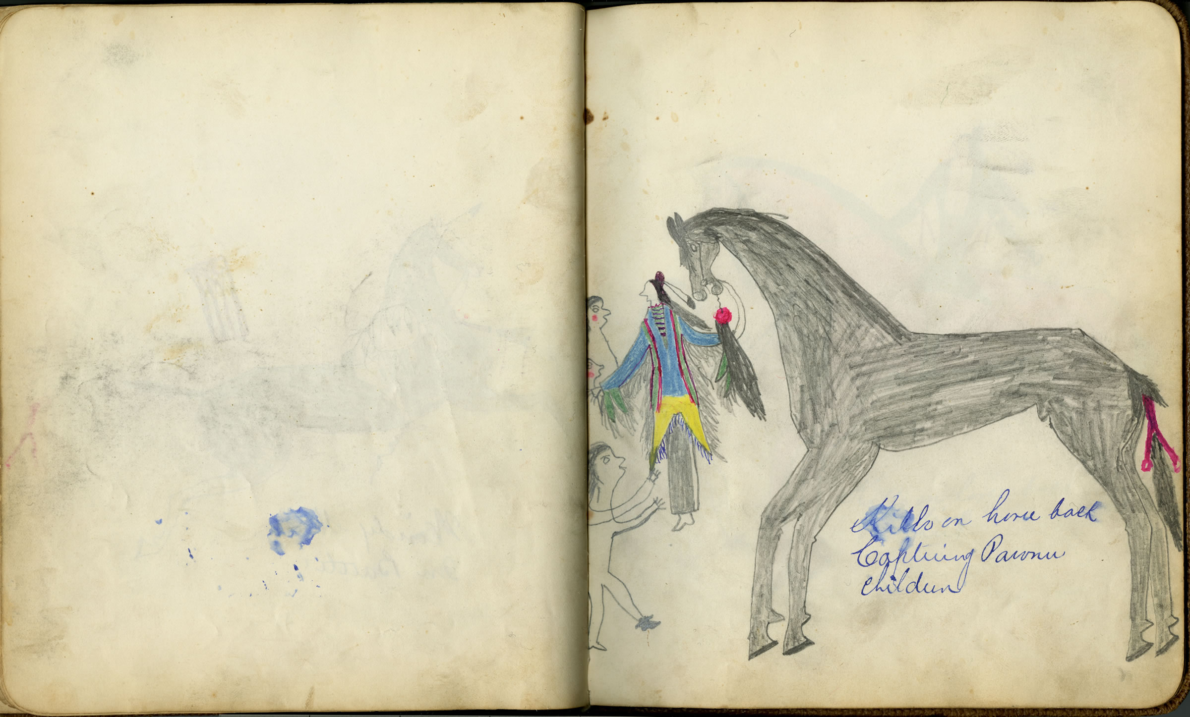 Fales-Freeman Brulé Ledger: Plate 20 Kills on Horseback Capturing Pawnee Children