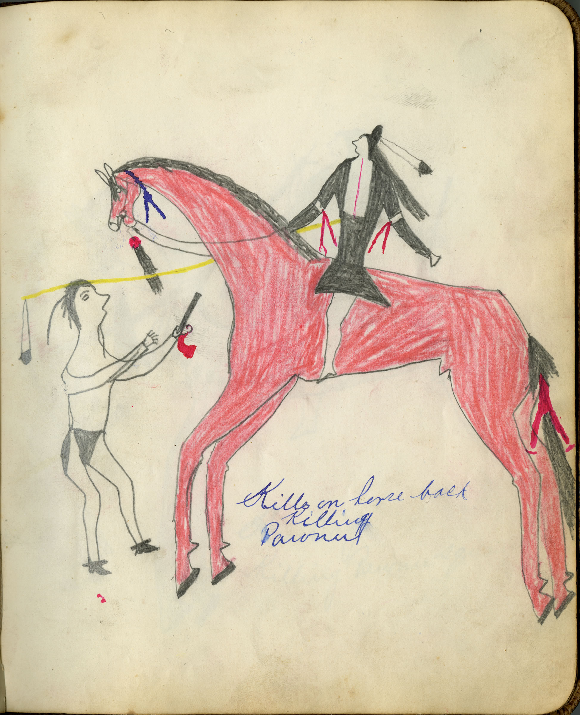 Fales-Freeman Brulé Ledger: Plate 21 Kills on Horseback Killing Pawnee